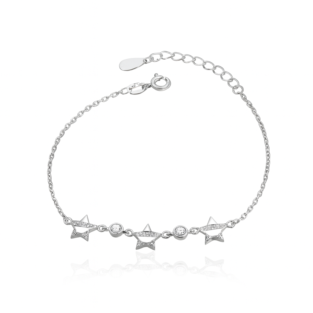 Brățară din argint 925 rodiată cu stele și zirconii, lungime ajustabilă 17 + 3 cm, greutate 2.6 g, bijuterie elegantă de damă simbolizând visurile și protecția, pe fundal alb lucios pentru e-commerce InfinityBijoux.ro