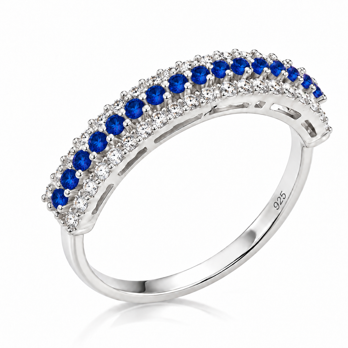 Inel din Argint 925 Royal Blue Eternity – Zirconii Albastre Regale și Albe, Design Elegant cu Trei Rânduri. ID488