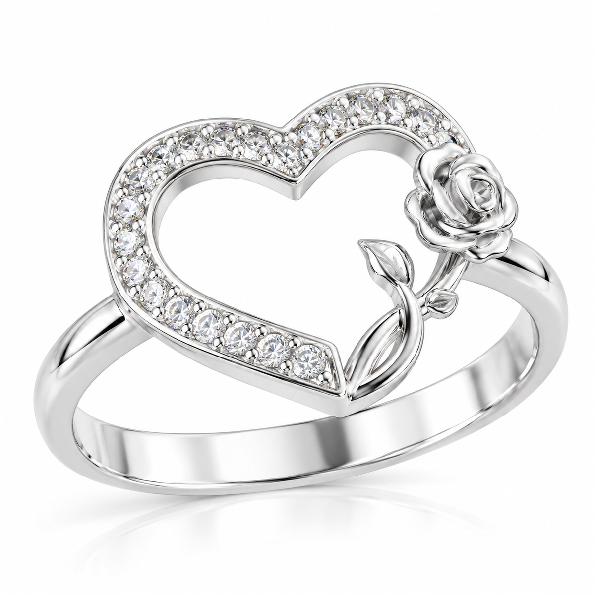 Inel din Argint 925 „Rose of Eternal Love” – Inimă Strălucitoare cu Trandafir al Iubirii și Pietre Albe. ID596