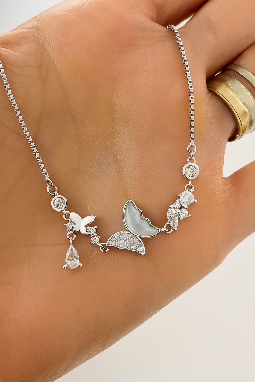 Brățară Wings of Shine din Argint 925 Rodiat, aspect Aur Alb, cu Fluturi și Zirconiu Cubic