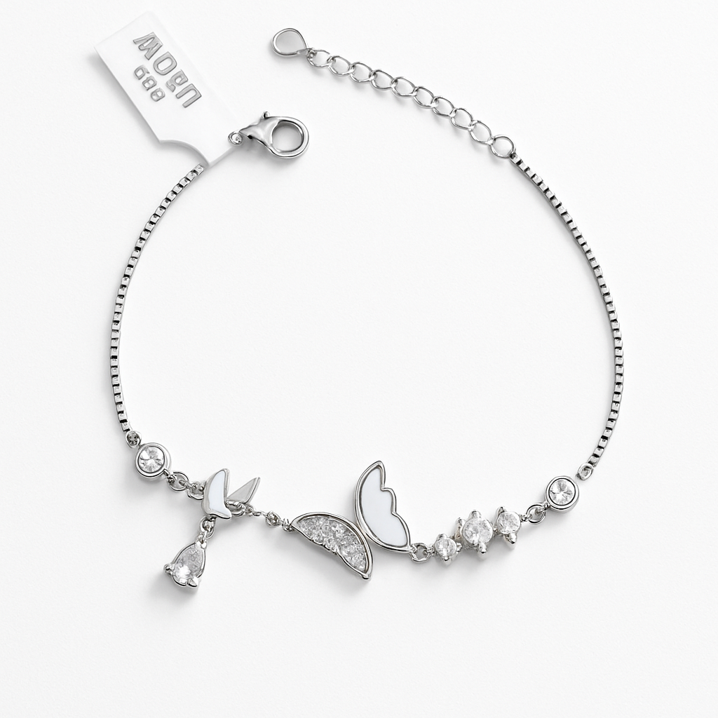 Brățară Wings of Shine din Argint 925 Rodiat, aspect Aur Alb, cu Fluturi și Zirconiu Cubic