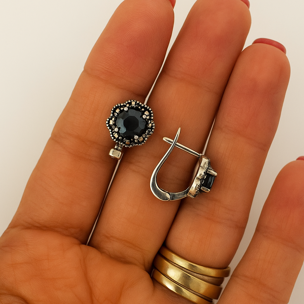 Cercei argint 925 cu onyx negru și marcasite „Elegant Vintage”