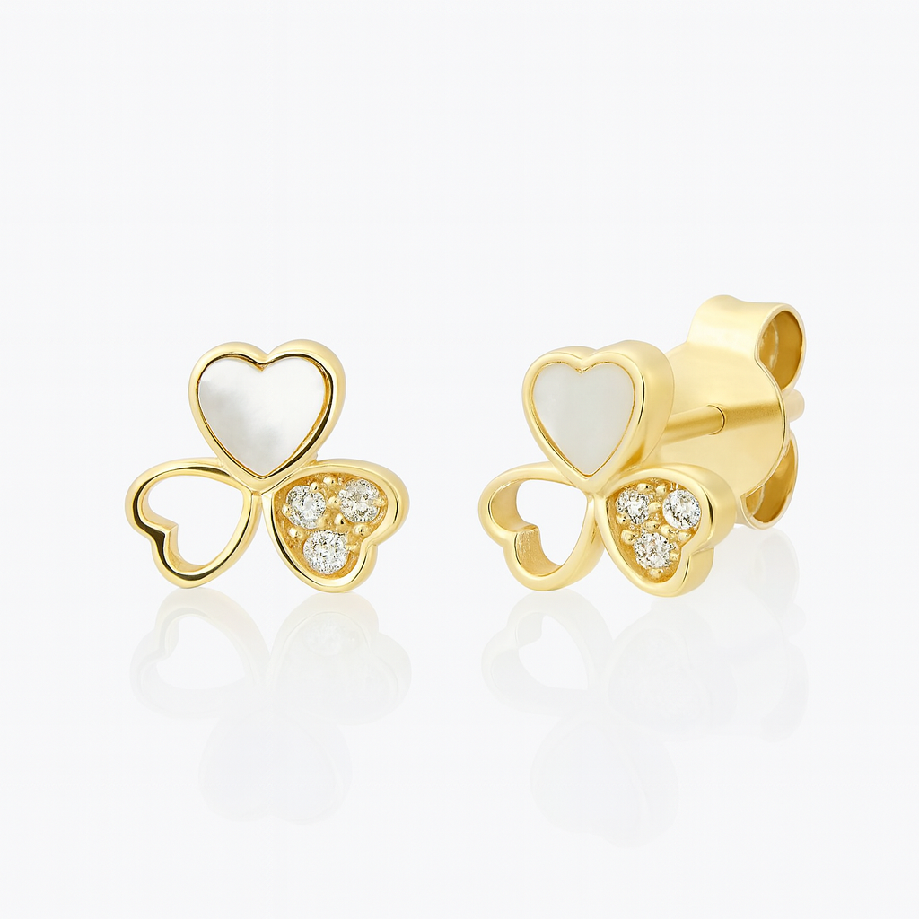 cercei damă simbol noroc trifoi, argint 925 placat aur 14k, sidef alb premium