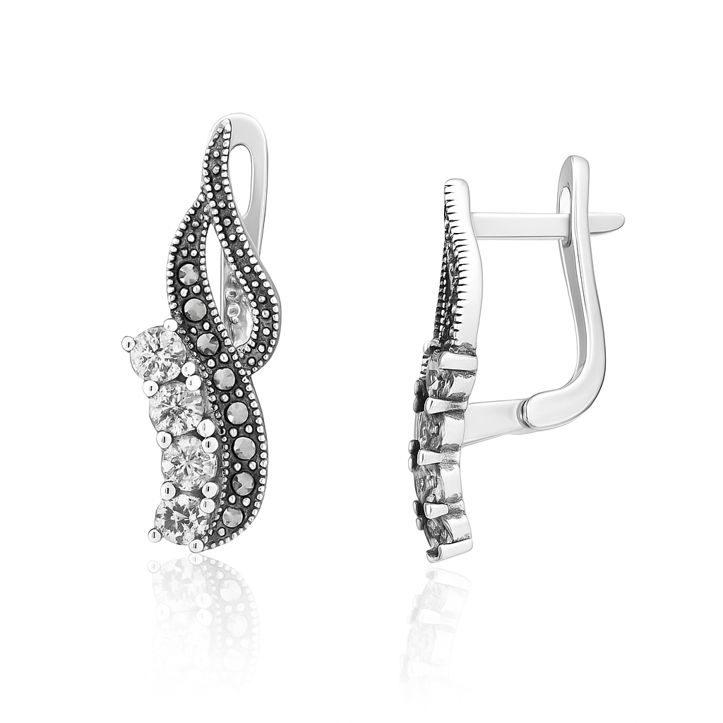 cercei din argint 925 cu marcasite și zirconii pe fundal alb lucios