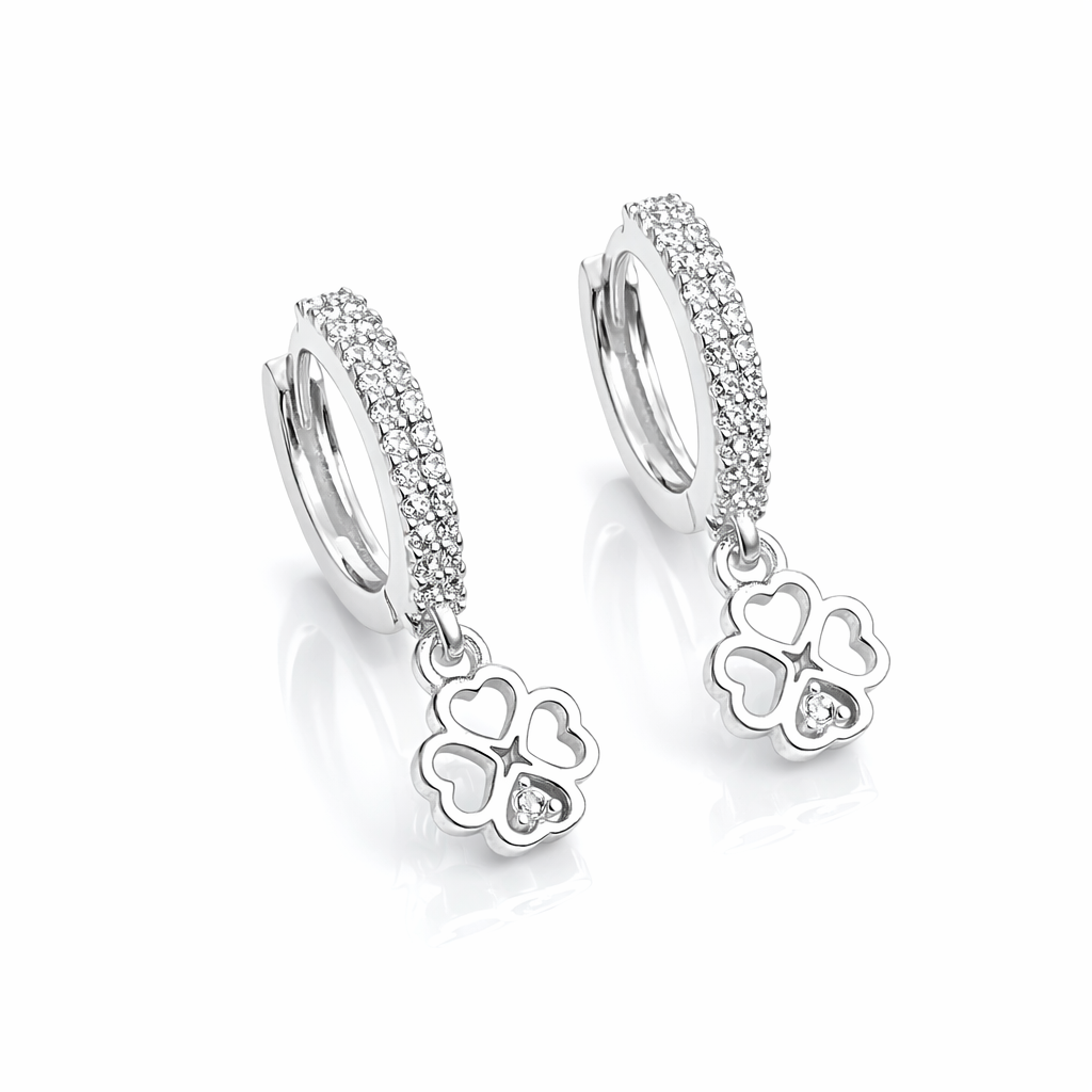 cercei din argint 925 cu trifoi norocos si zirconii, livrati in cutie cadou