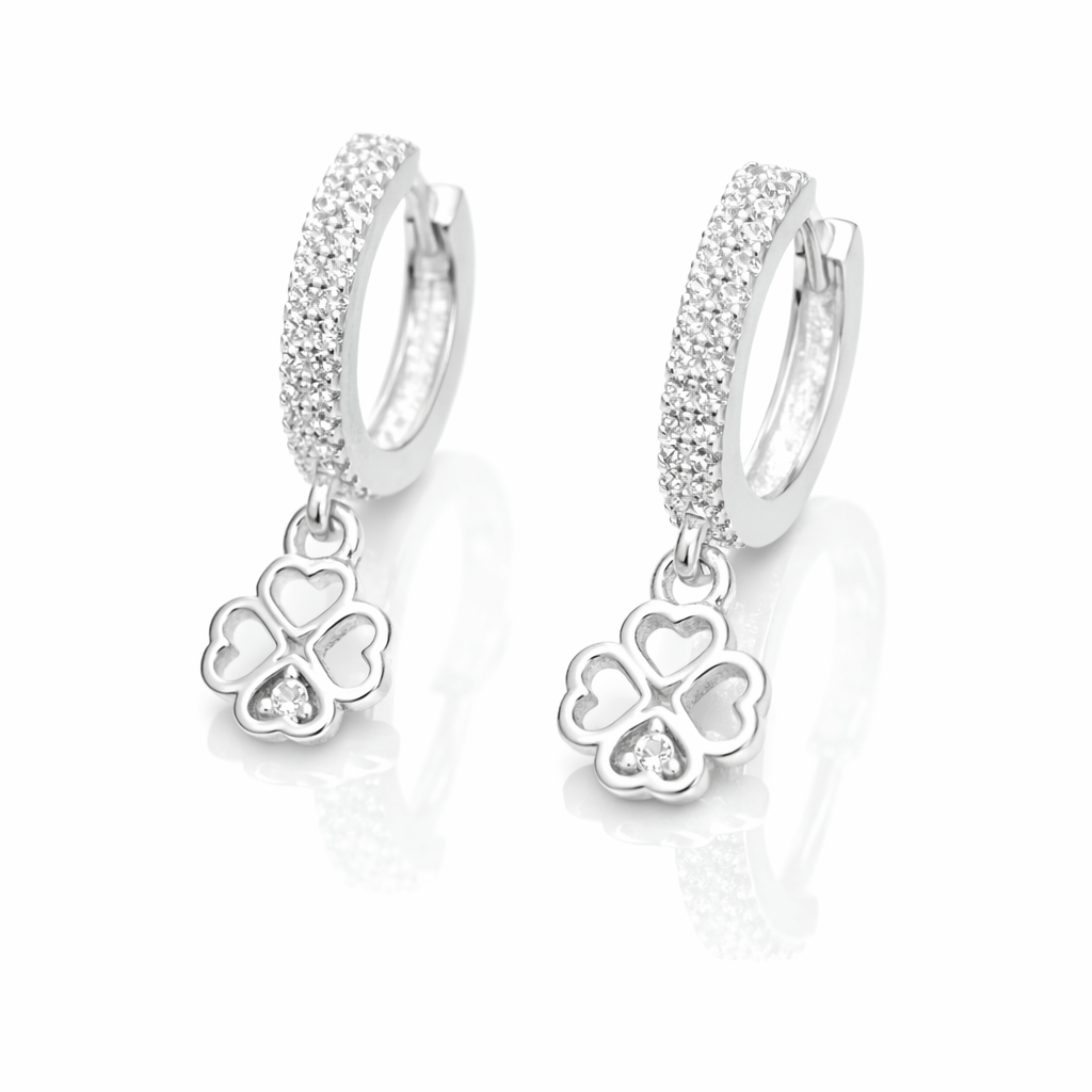 cercei din argint 925 cu trifoi norocos si zirconii, tortita 14 mm, charm 7 mm