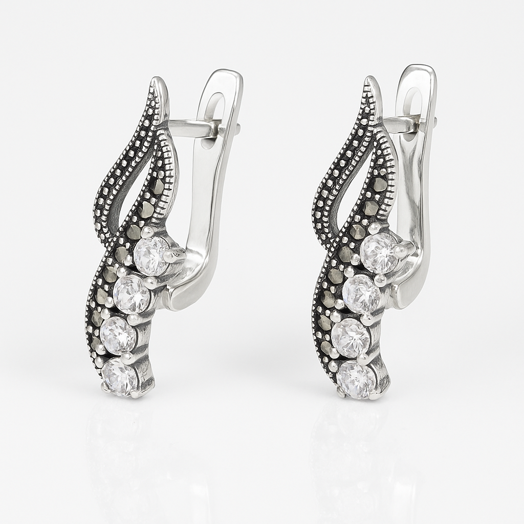 cercei eleganți din argint 925 cu pietre marcasite și zirconii strălucitoare