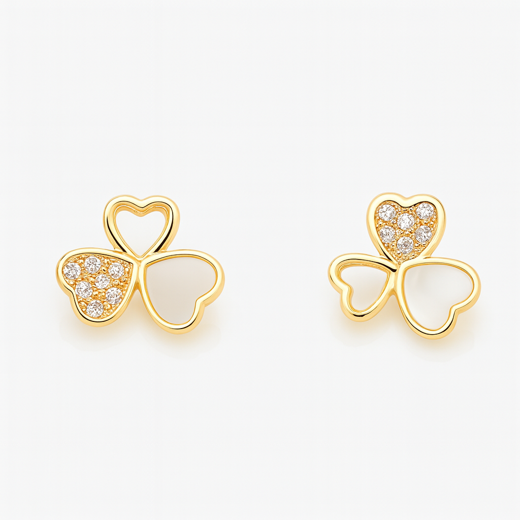 cercei trifoi din argint 925 placat cu aur 14k și sidef alb, model elegant pentru femei