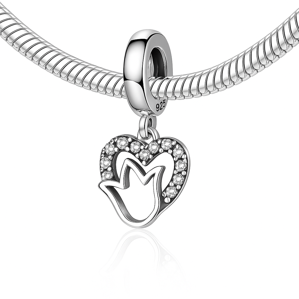 charm argint 925 cu pietre zirconiu, design inimă și floare, perfect pentru brățară Pandora, cadou elegant