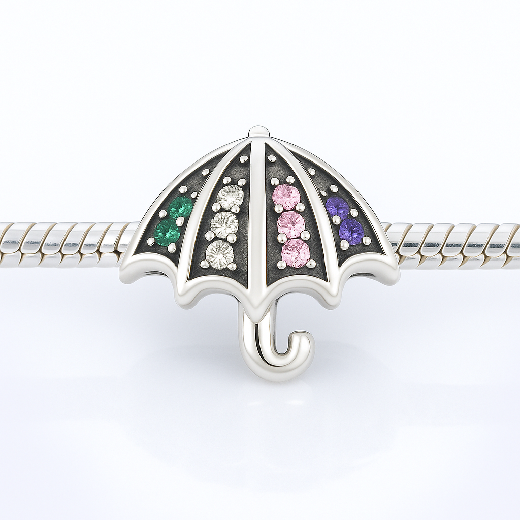 charm argint 925 tip umbrelă decorat cu pietre colorate, accesoriu elegant pentru brățară