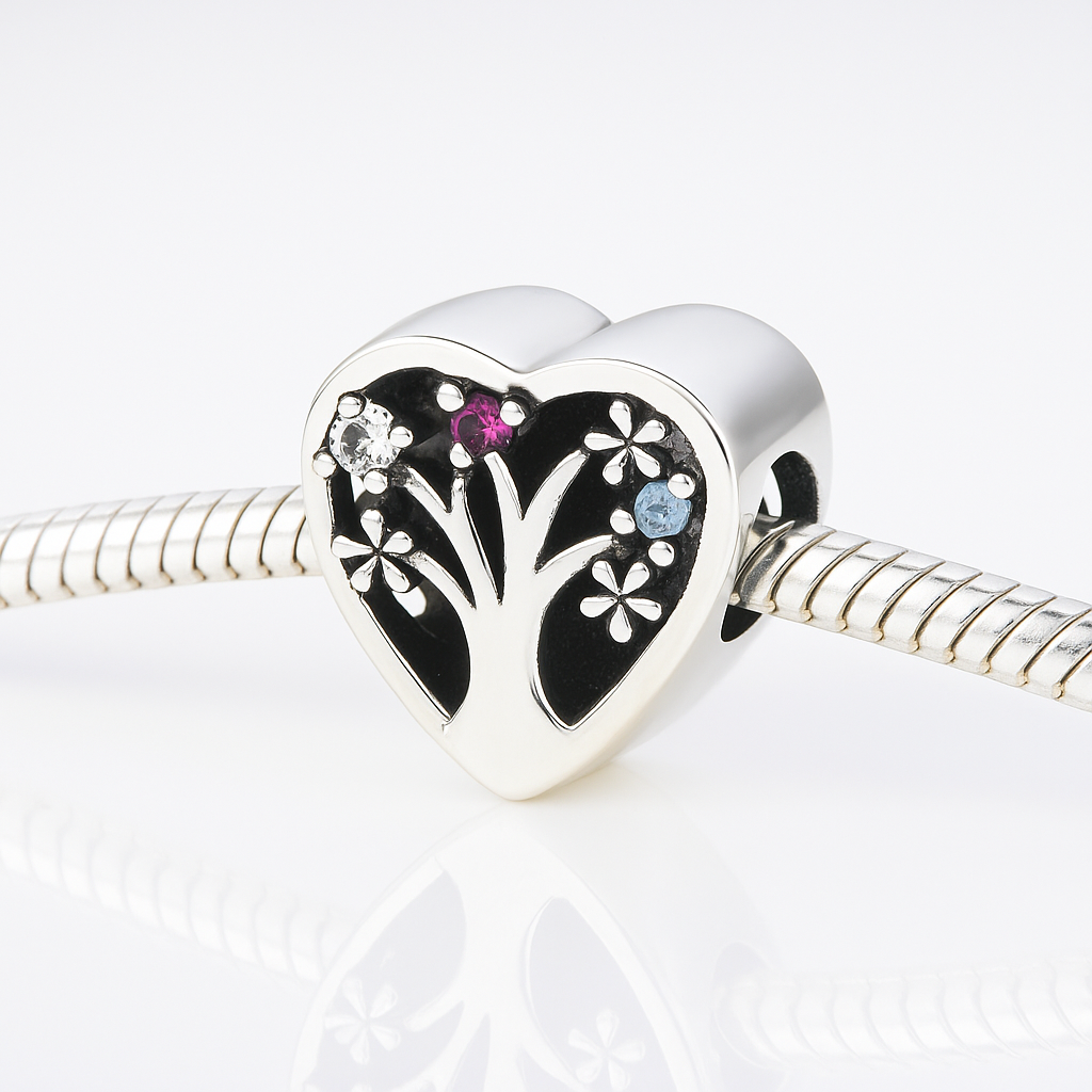 charm elegant din argint 925 cu design arborele vieții și pietre colorate, bijuterie simbolică

