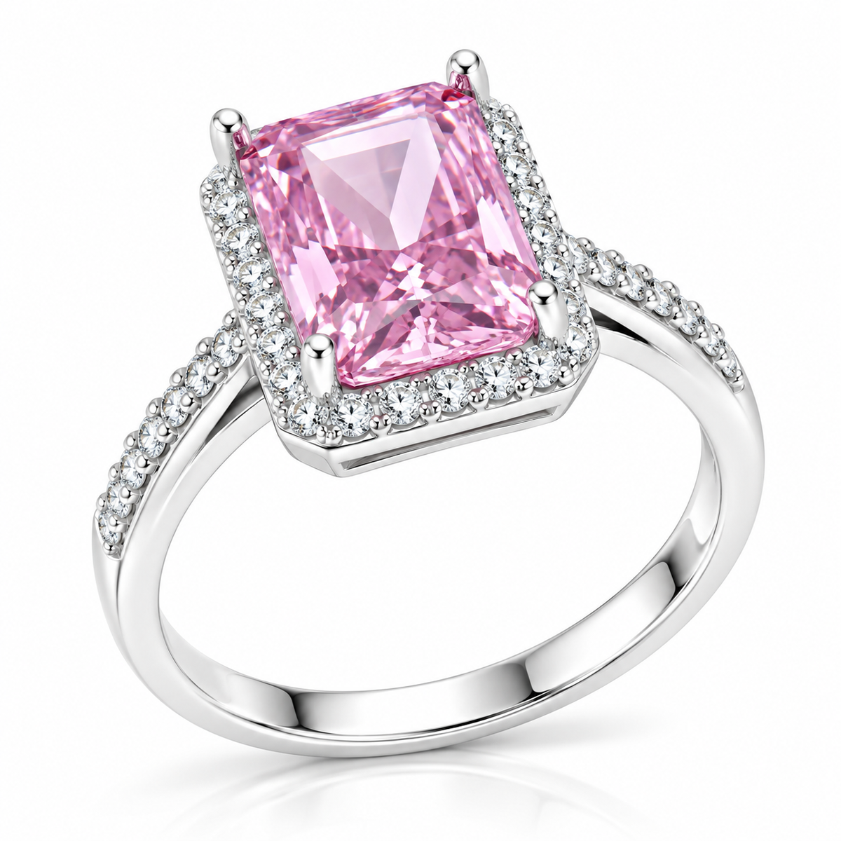 Inel Damă din Argint 925 „Rose Éclat” – Piatră Roz Dreptunghiulară de 10 mm, Înconjurată de Pietre Strălucitoare, 4,39 gr. ID588