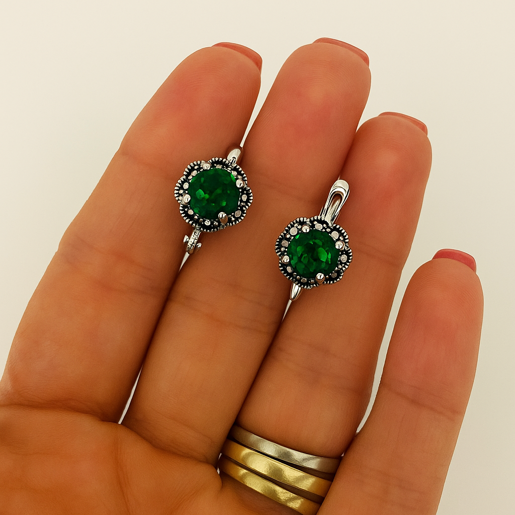 Cercei din Argint 925 cu Piatra Verde Smarald și Marcasite "Elegant Vintage"