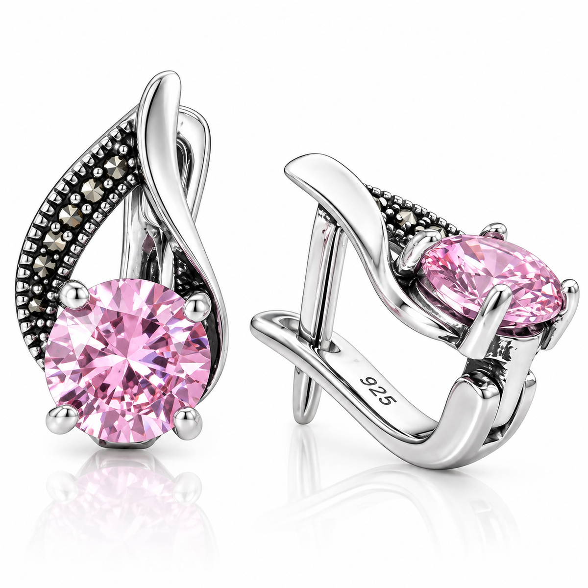 Cercei din Argint 925 Rozalia cu Piatră Roz și Marcasite – Eleganță Romantică. CD663