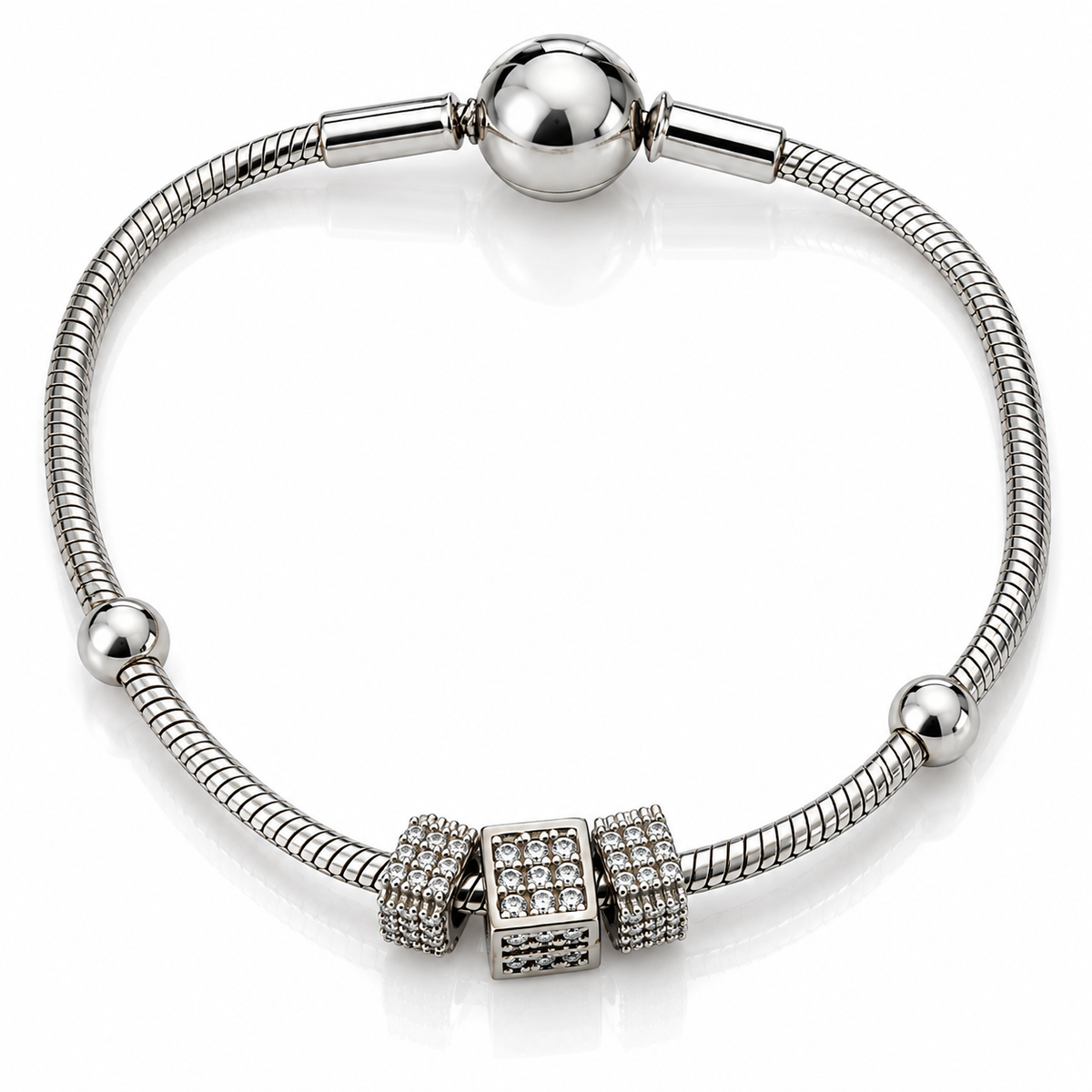 Brățară din Argint 925 „Cubic Sparkle” cu Charmuri și Zirconii – 15 cm, 8,50 g