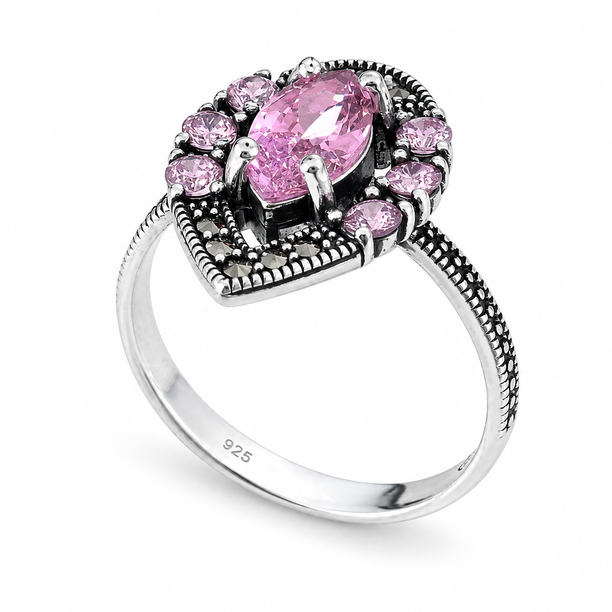 Inel „Rosalia” din Argint 925 cu Piatră Roz și Detalii Vintage – Eleganță Romantică și Rafinament. ID577