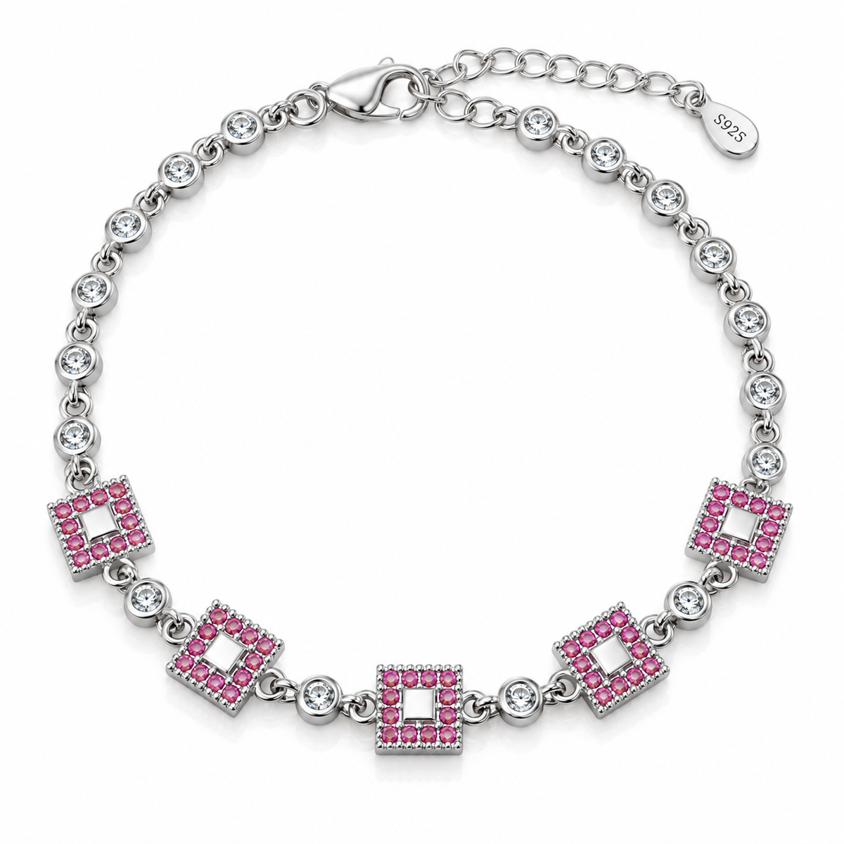 Brățară „Rozalia” din Argint 925 cu Zirconii Roz și Albe – Design Geometric Elegant. BD329