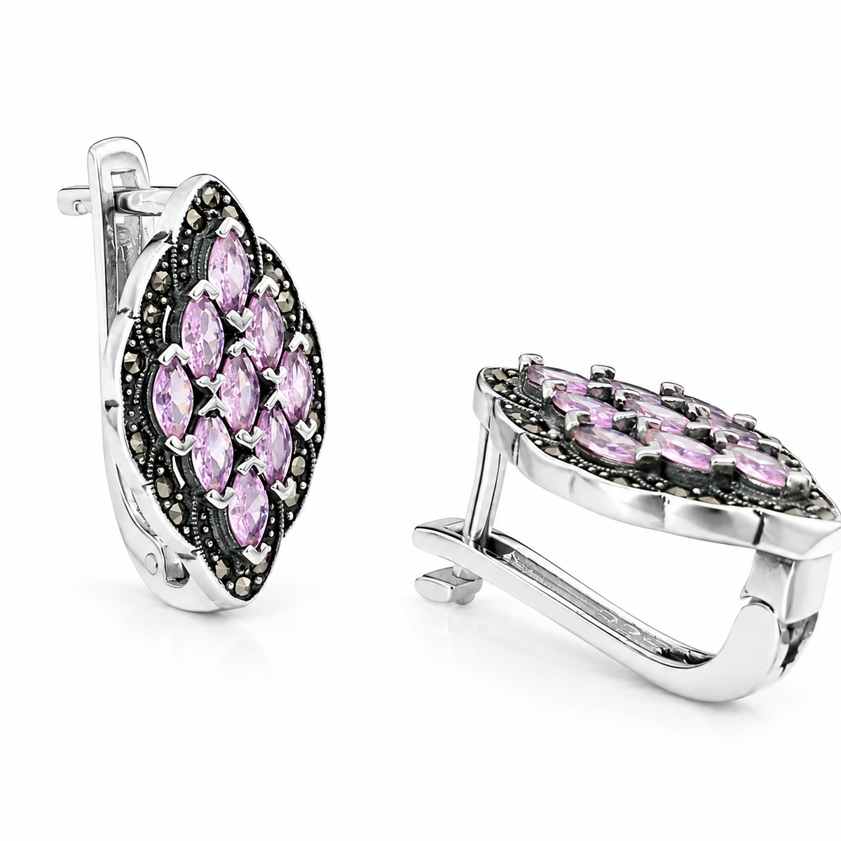 Cercei „Amethyst Royal” din Argint 925 cu Pietre Roz-Lila și Marcasite – Eleganță Vintage în Formă de Frunză. CD662