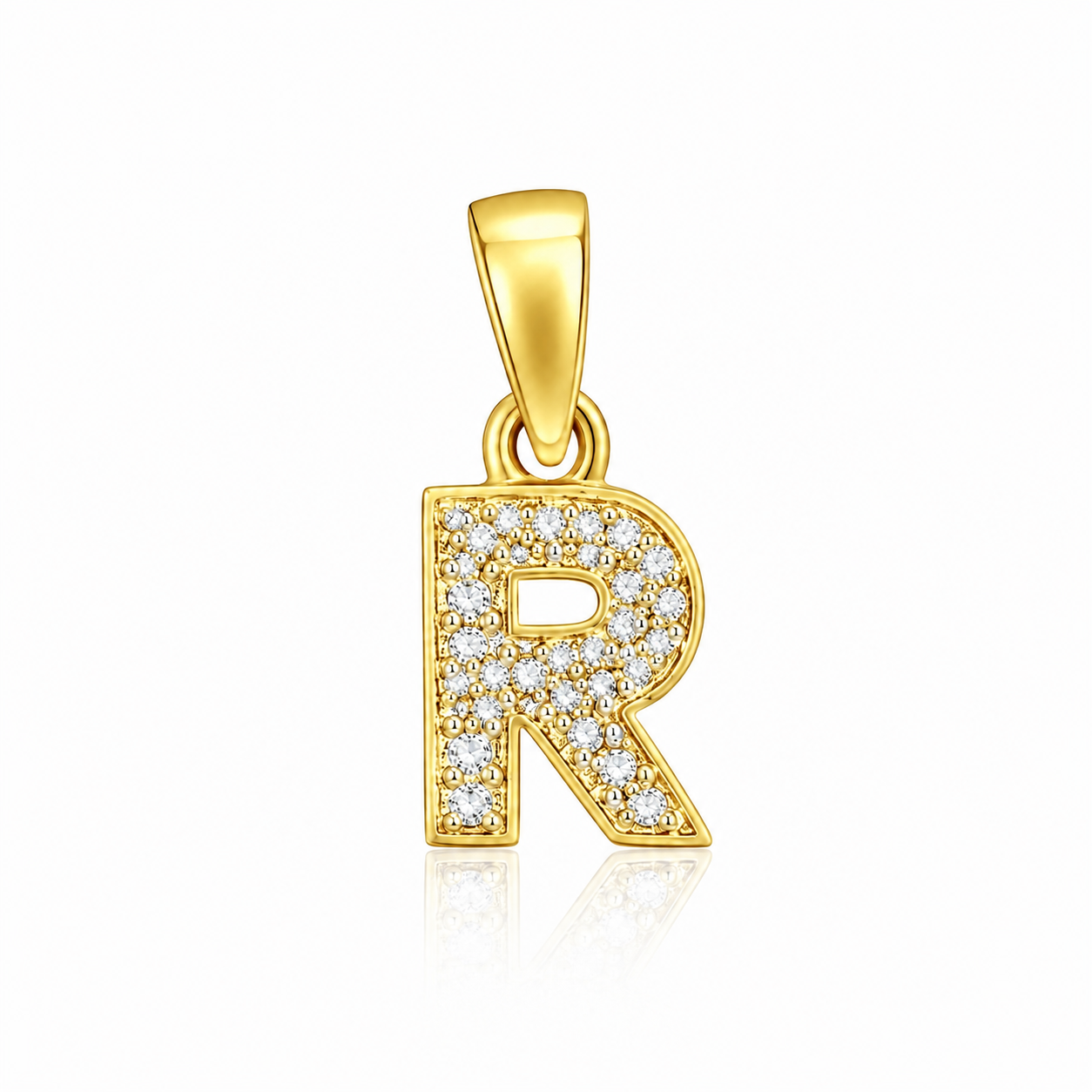 Pandantiv Litera R din Argint 925 Placat cu Aur 14K cu Zirconii – Inițiala R, 1 cm, Cadou Personalizat pentru Femei P61