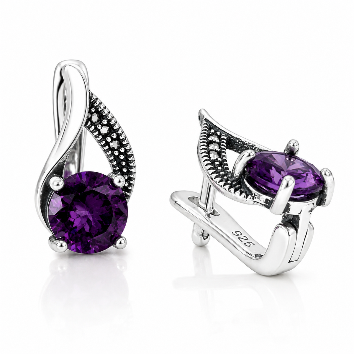 Cercei „Violet Imperial” din Argint 925 cu Piatră Mov și Marcasite – Eleganță Vintage. CD663