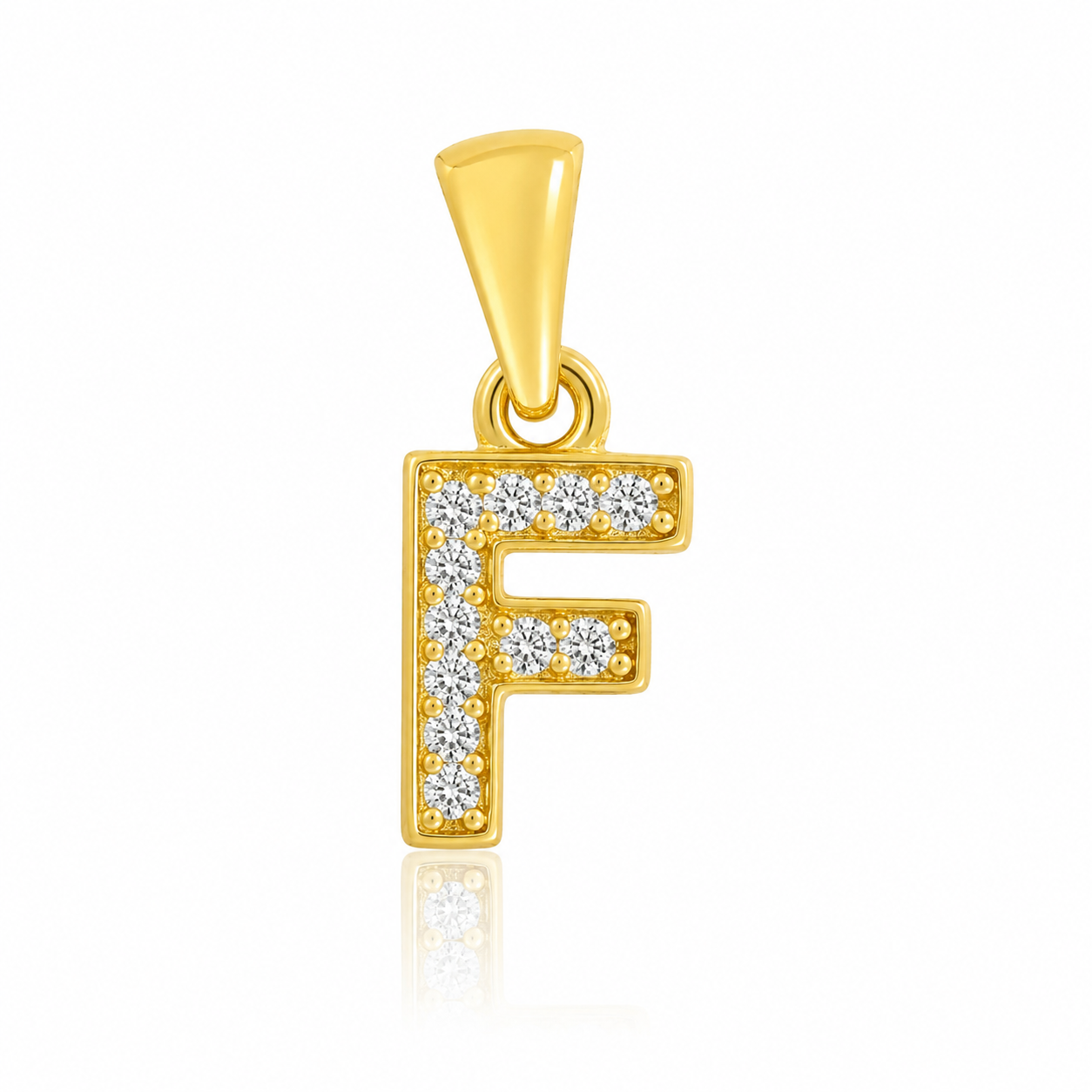Pandantiv cu Inițiala F Placat cu Aur 14K din Argint 925 și Zirconii – Literă F Elegantă, 1 cm, 0.76 g, Bijuterie Personalizată pentru Femei P61