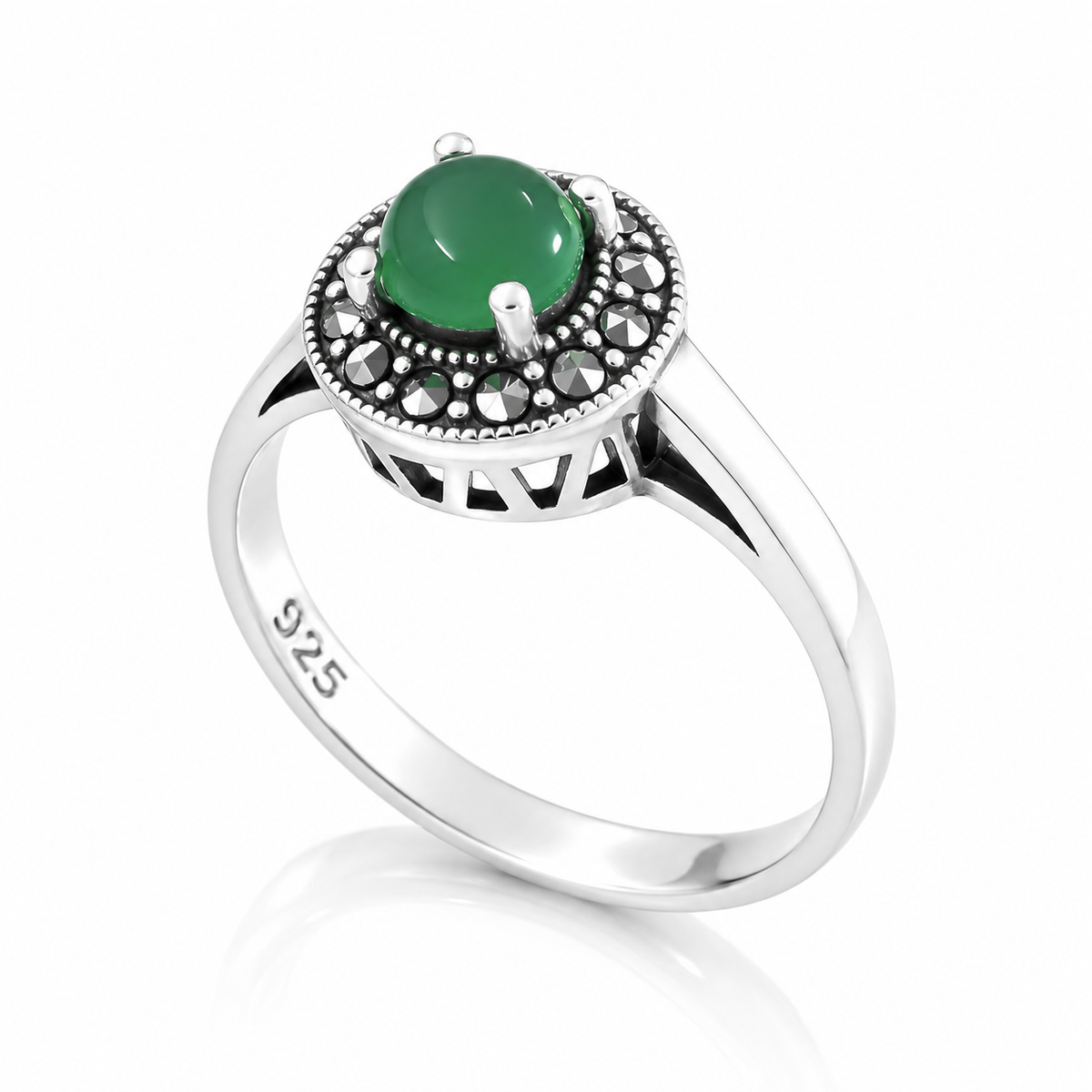 Inel „Smaraldia” din Argint 925 cu Piatră Verde și Marcasite – Design Vintage Elegant. ID583