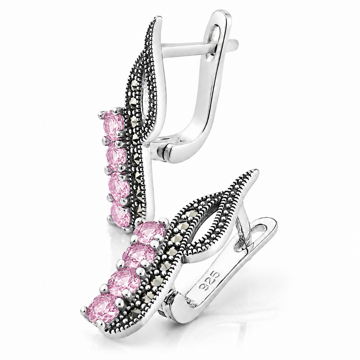 Cercei „Rozalia” din Argint 925 cu Pietre Roz și Marcasite – Eleganță Romantică Inspirată de Natură. CD659