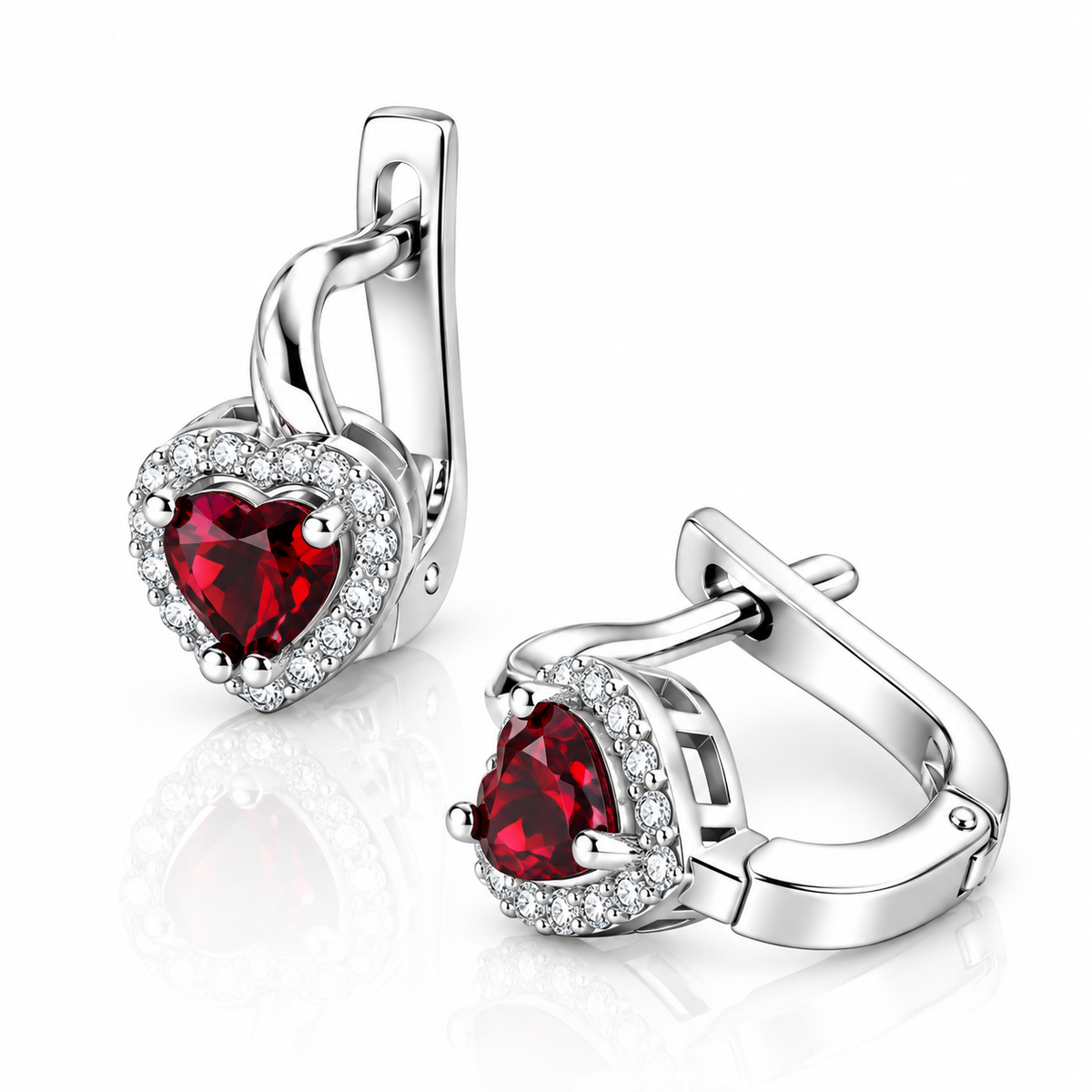 Cercei din Argint 925 Ruby Heart Elegance – Inimă Roșie Strălucitoare cu Pietre Albe, Simbol al Iubirii și Pasiunii. CD717