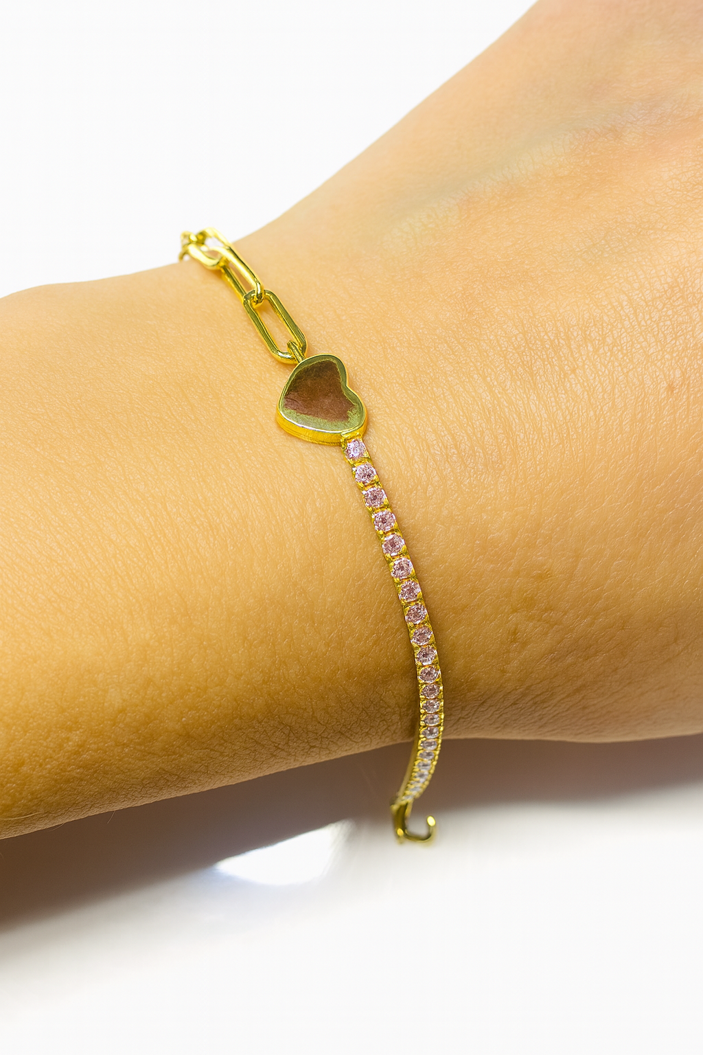 Brățară Tenis Pink Heart Glow din Argint 925 placat cu Aur de 14K