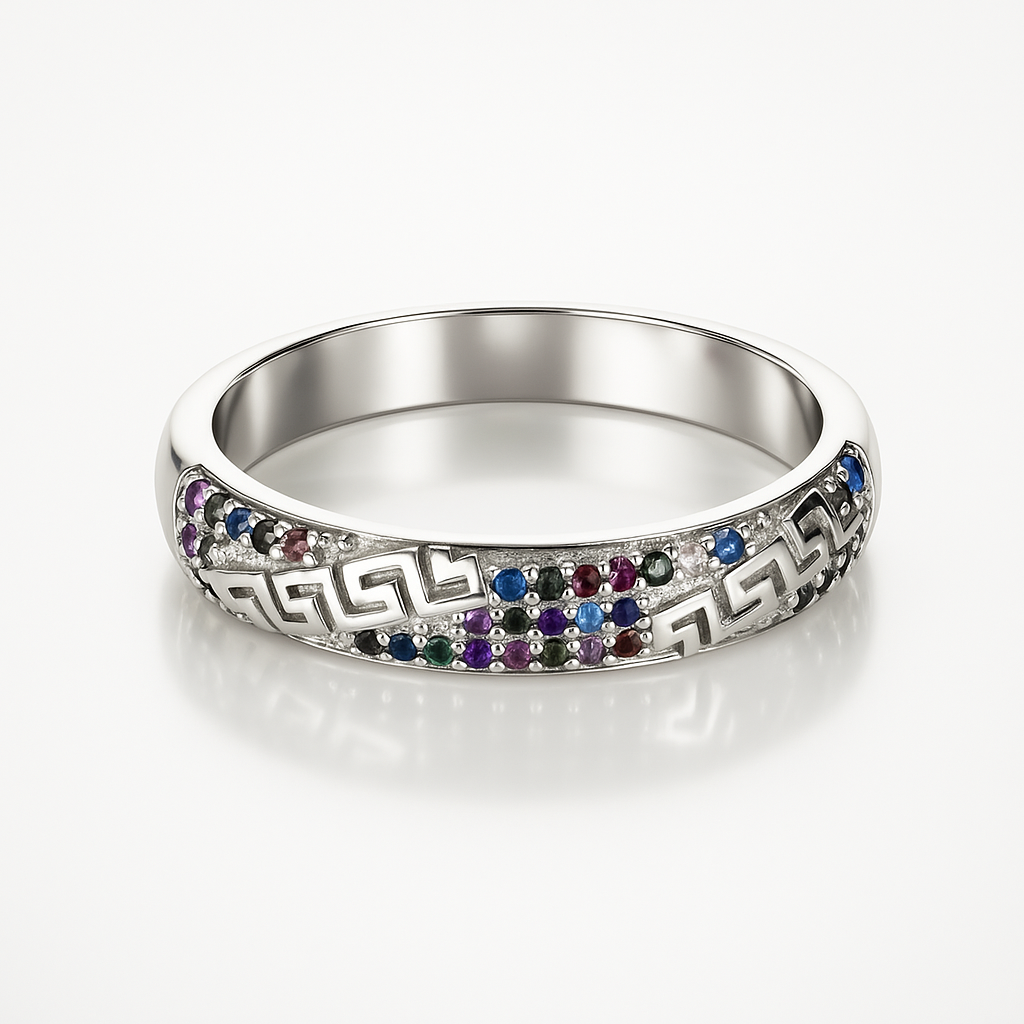 inel argint autentic cu design grecesc si pietre multicolore stralucitoare, cadou rafinat