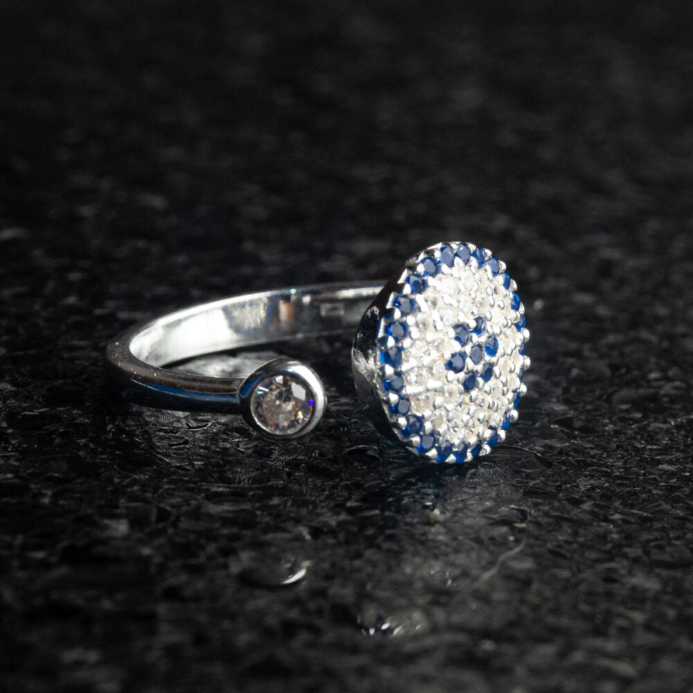 Inel din argint 925 cu zirconii albe și albastre God`s Eye