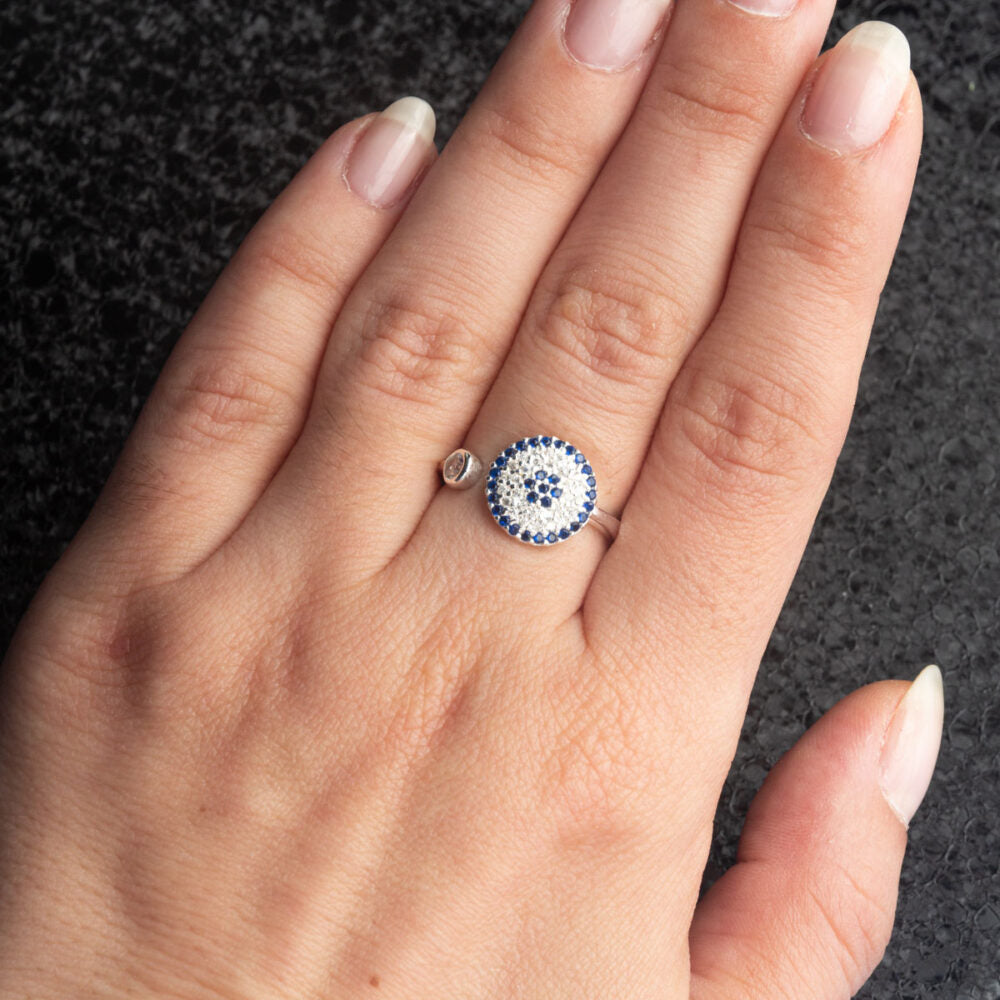 Inel din argint 925 cu zirconii albe și albastre God`s Eye