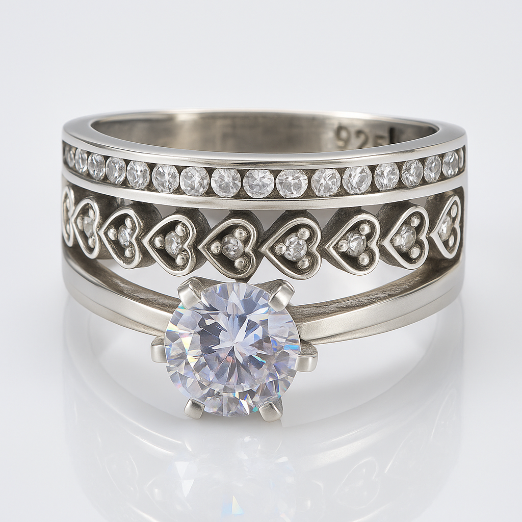 inel argint rodiat cu inimioare și piatră centrală zirconiu, perfect pentru cadou romantic