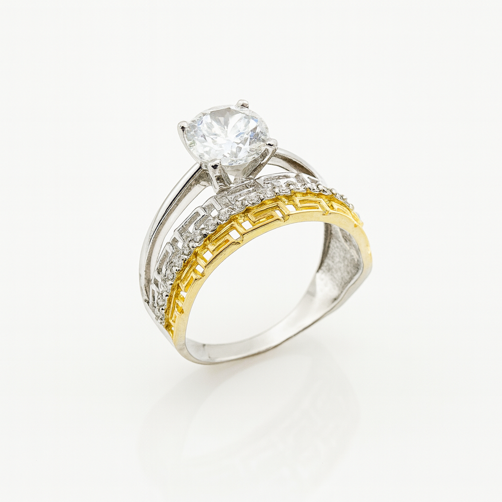 inel bicolor din argint și aur, cu design modern și piatră zirconia clară, bijuterie rafinată mărime 17