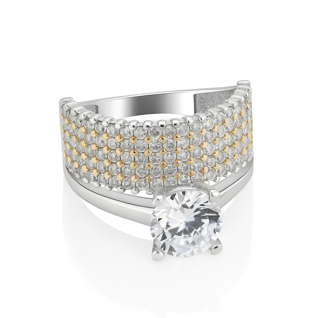 inel de logodnă din argint 925 cu piatră zirconiu, detalii aurii și finisaj profesional e-commerce