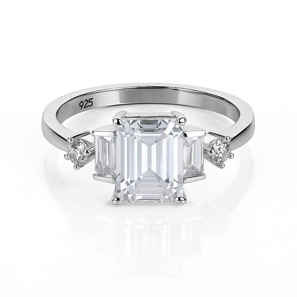 inel de logodnă elegant din argint 925 rodiat cu piatră verde smarald, fotografie e-commerce