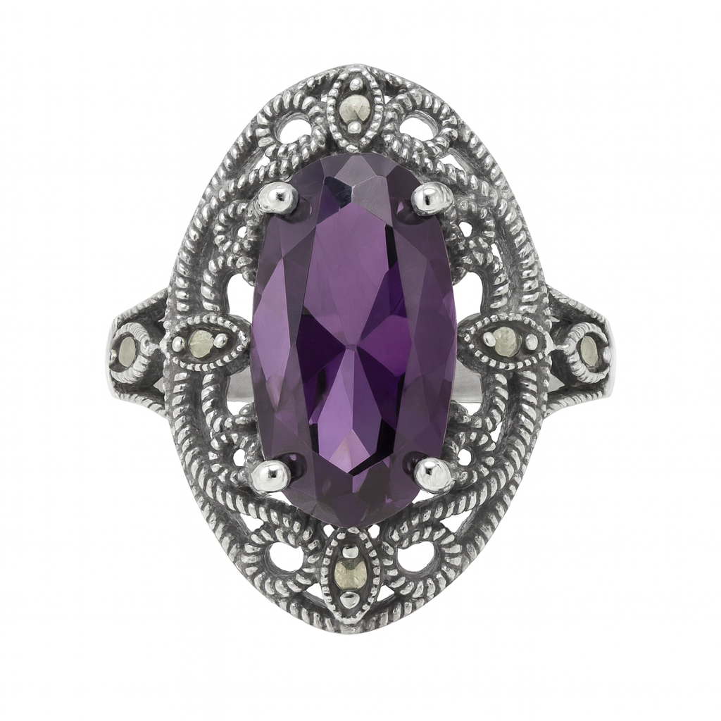inel din argint 925 cu marcasite și piatră mov ovală, model vintage filigran