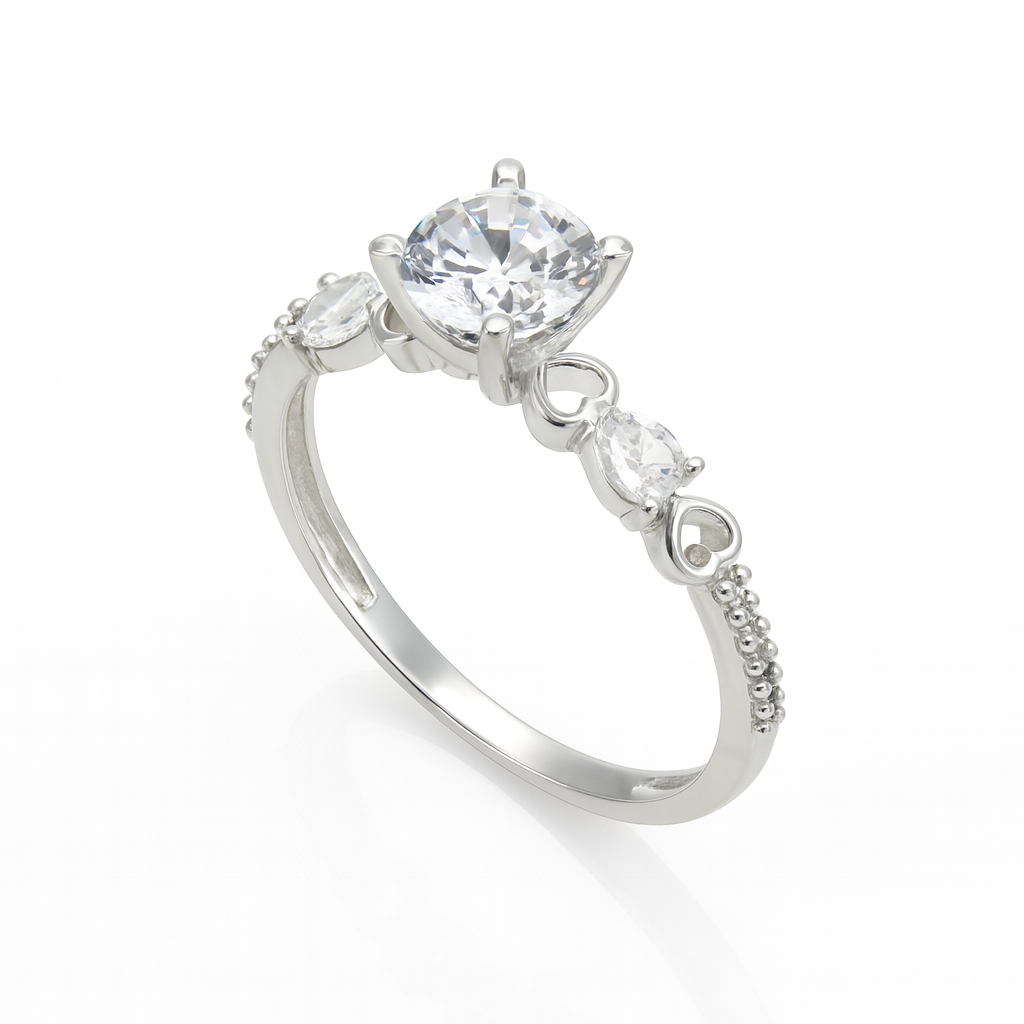 inel din argint 925 cu piatră zirconiu rotund strălucitor pe fundal alb lucios, bijuterie elegantă pentru femei – Infinity Bijoux