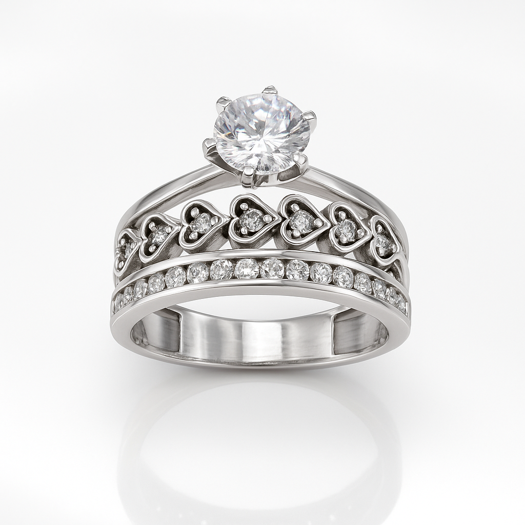 inel din argint 925 rodiat cu inimioare și piatră zirconiu strălucitoare pe fundal alb lucios