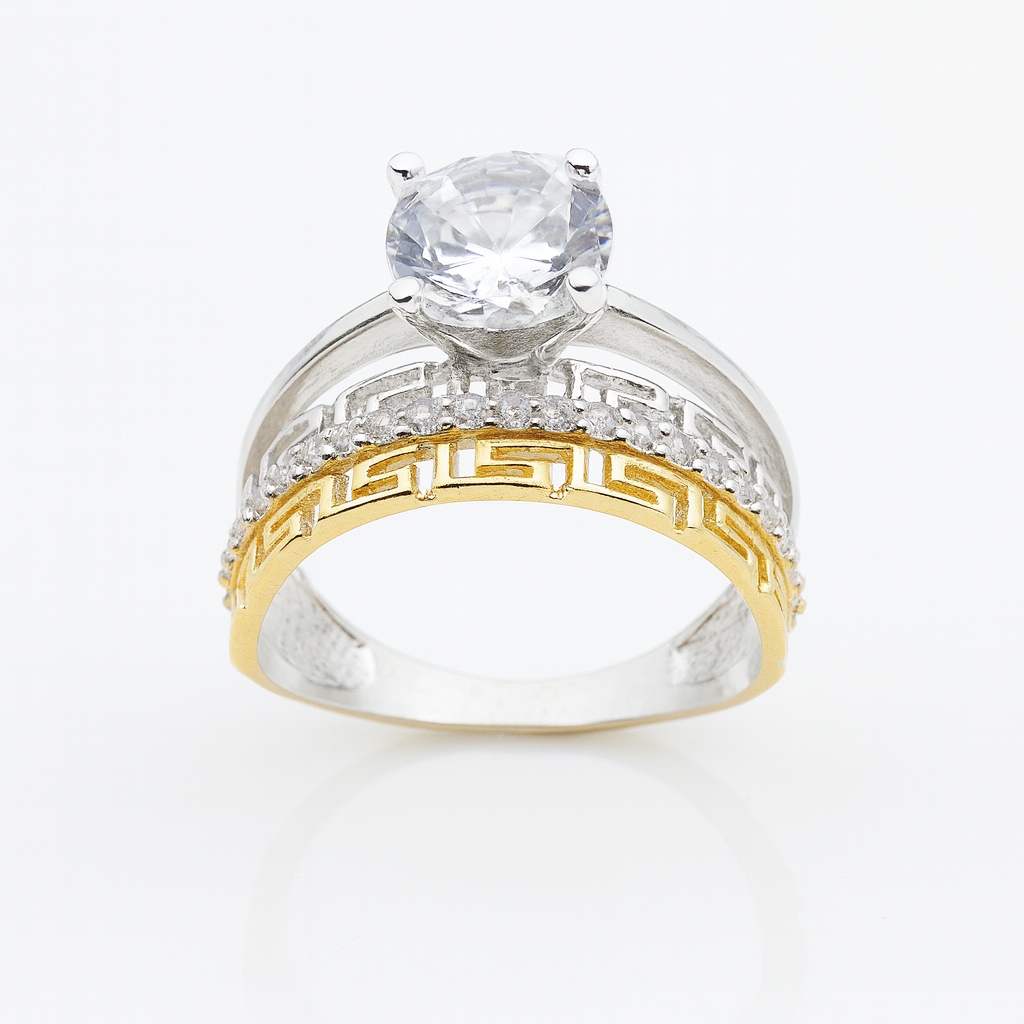 inel din argint 925 rodiat cu piatră cubic zirconia rotundă și model geometric auriu, bijuterie elegantă pentru femei