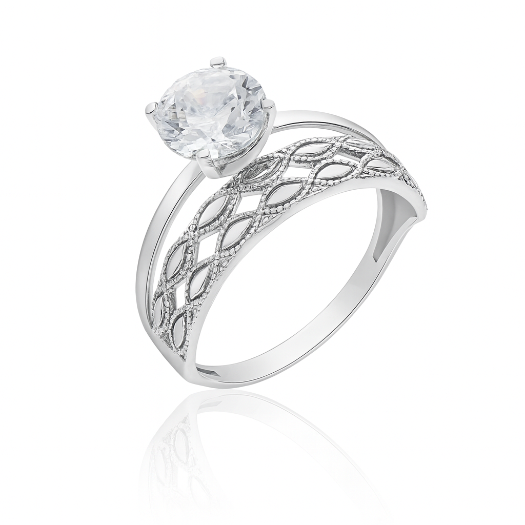 inel din argint 925 rodiat cu piatră transparentă, model filigranat elegant pentru femei, bijuterie Infinity Bijoux