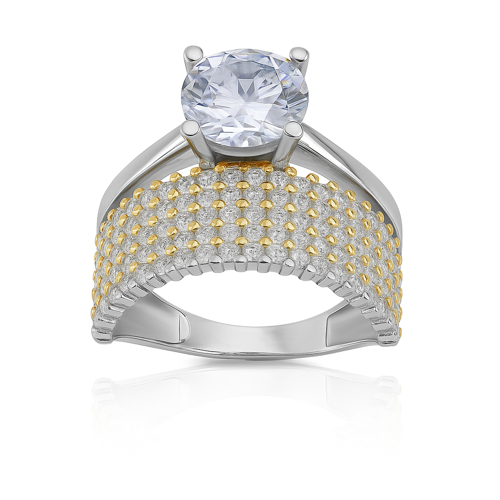 inel din argint 925 rodiat cu zirconiu strălucitor pe fundal alb lucios, bijuterie elegantă pentru femei