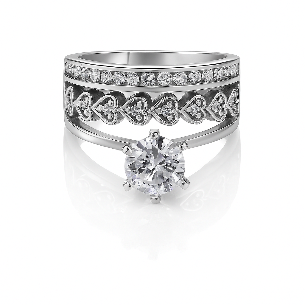 inel elegant din argint 925 rodiat, 4.35 grame, cu inimioare și zirconiu strălucitor pentru e-commerce