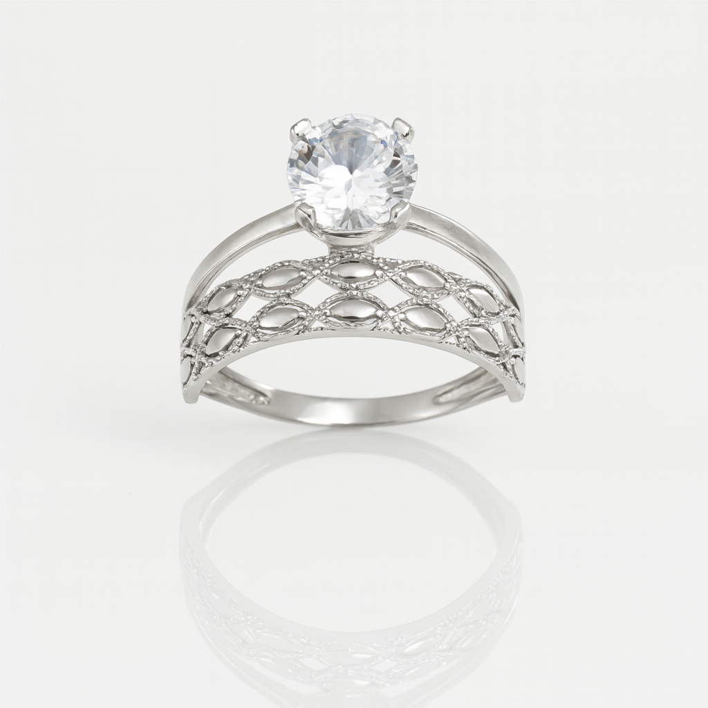 inel elegant din argint rodiat 925 pentru damă, cu piatră strălucitoare și design dantelat, ideal pentru ocazii speciale
