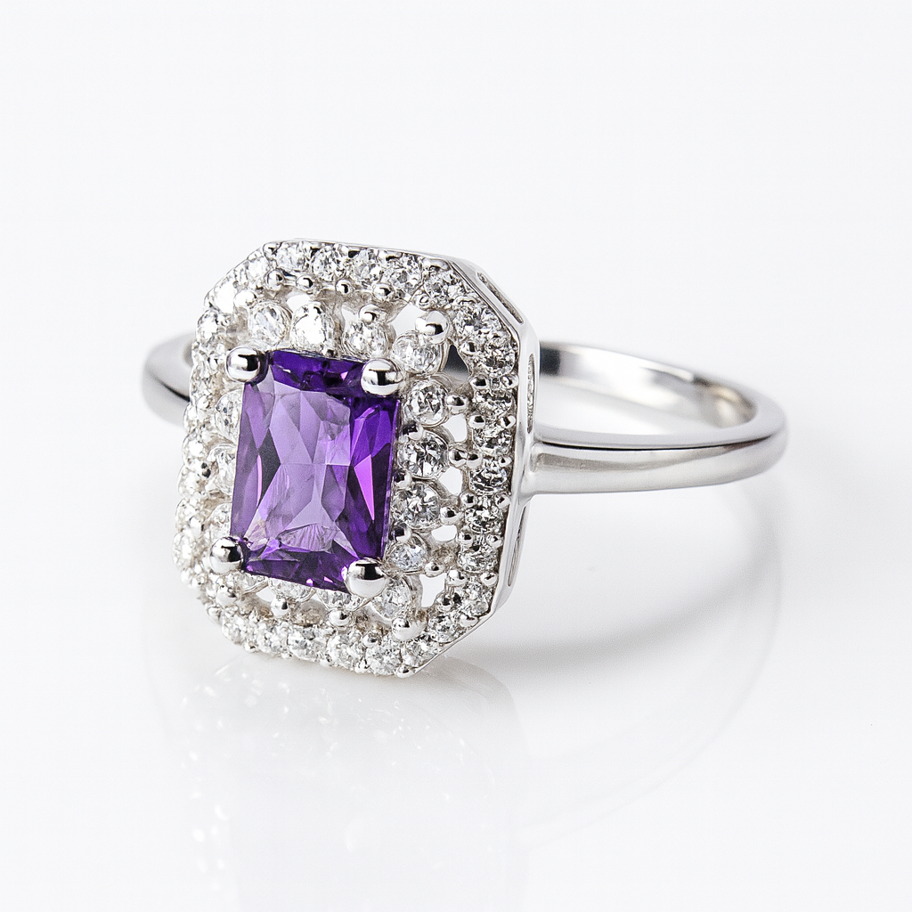 Inel de logodnă din argint 925 cu zircon dreptunghiular și dublu halou de cristale – simbolul iubirii eterne