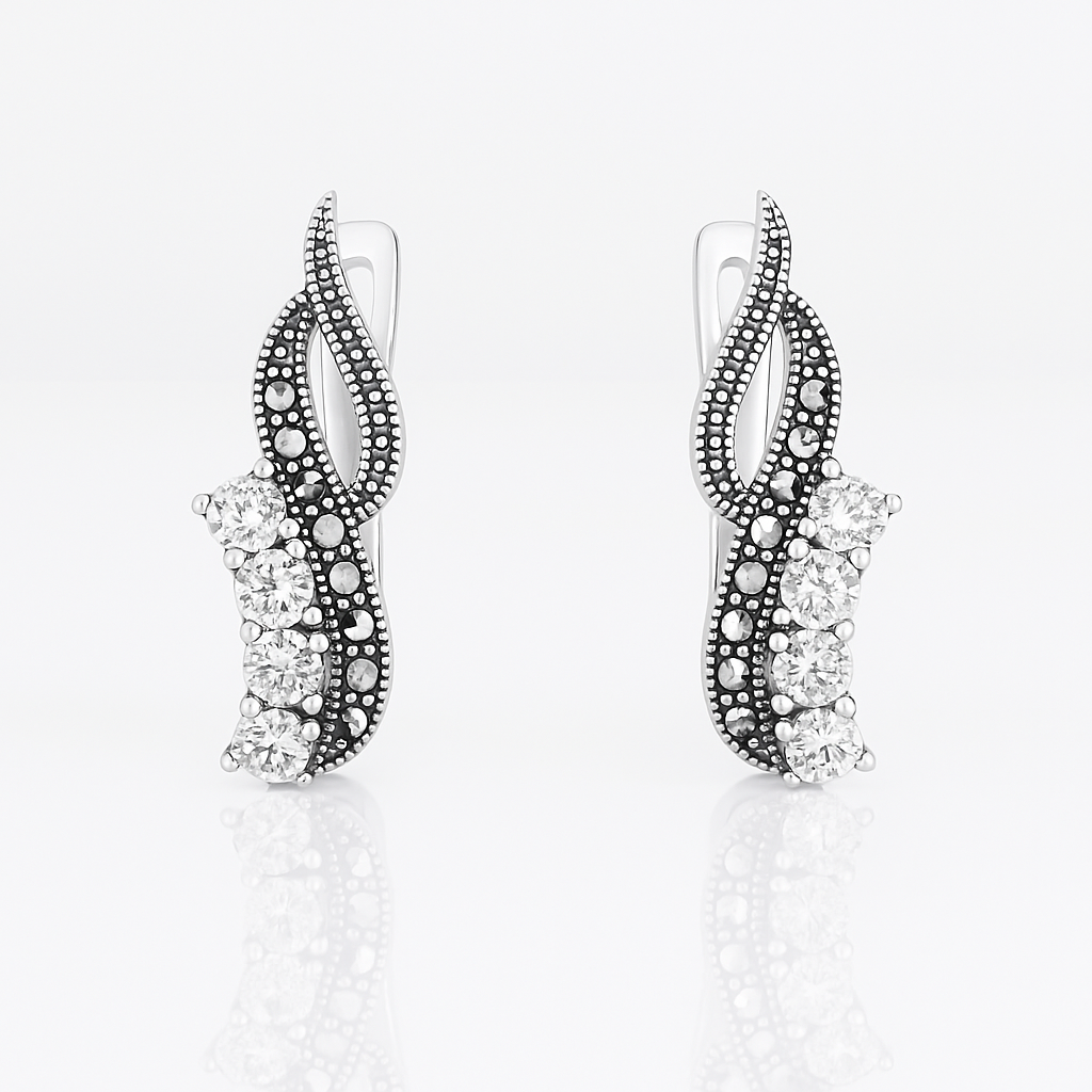 pereche de cercei argint 925, 23mm, 4.92g, cu marcasite și zirconii