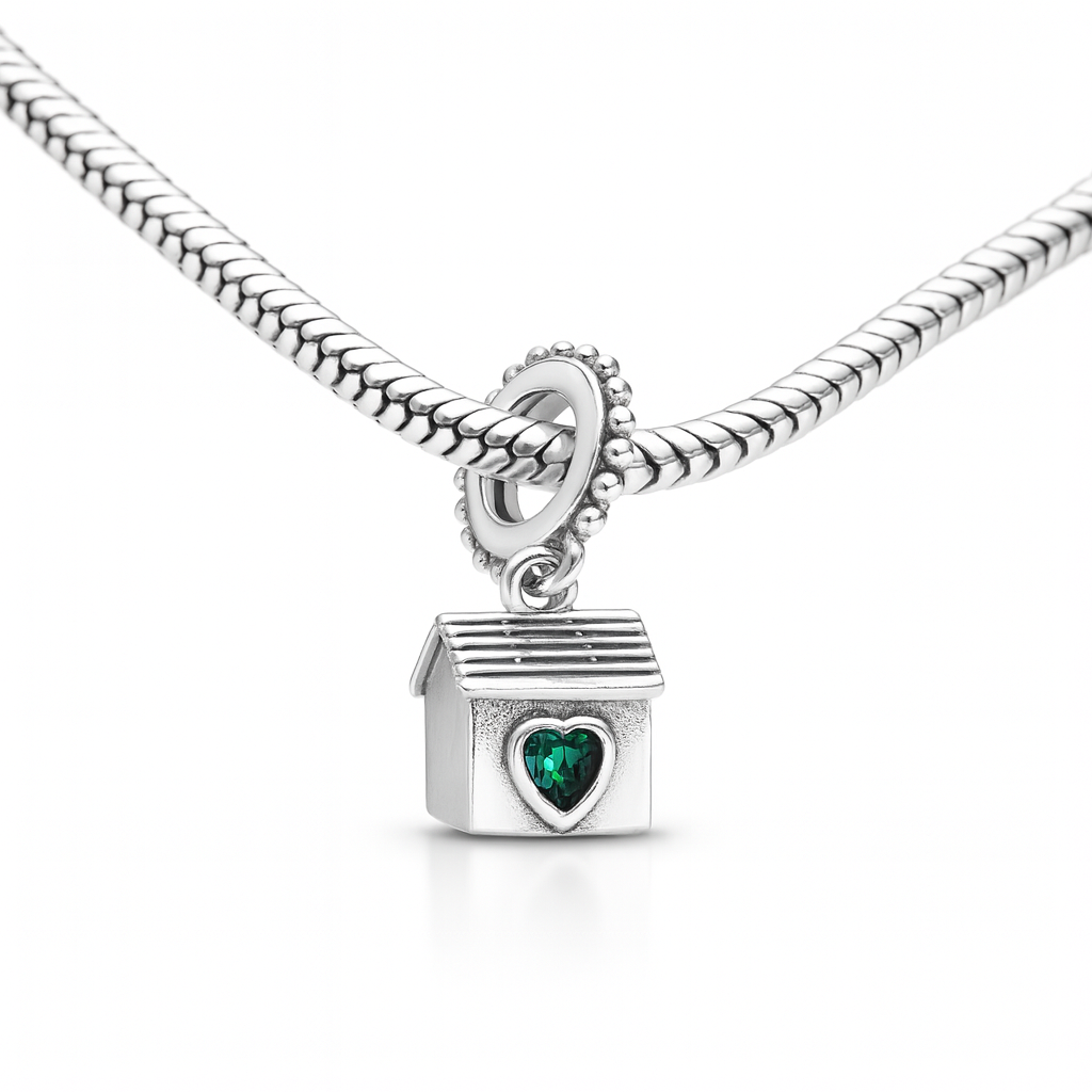 talisman argint 925 cu simbolul casei si piatra verde pentru colectii Pandora