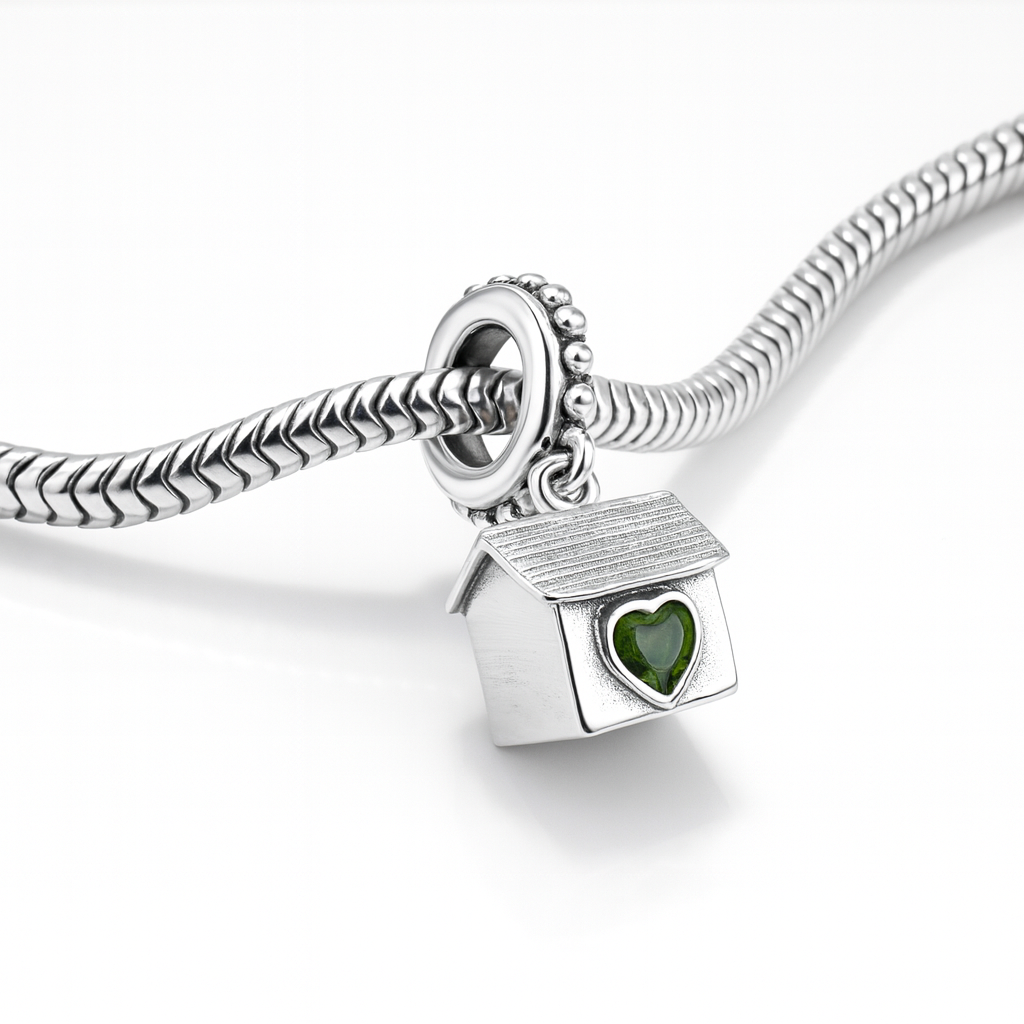 talisman din argint 925 cu piatra verde in forma de inima pentru bratara Pandora