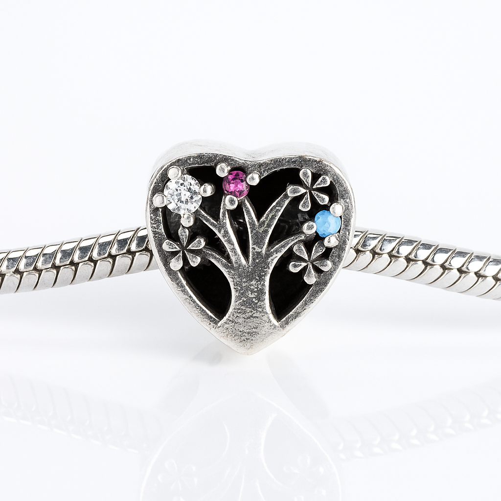 talisman inimă din argint 925 cu arborele vieții și cristale colorate pentru brățară Pandora